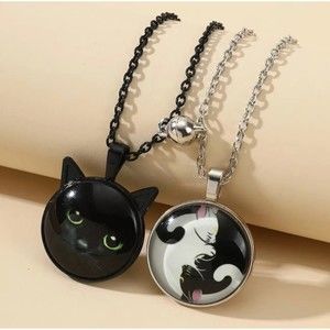 Cat magnet couple necklace set gift for her for him